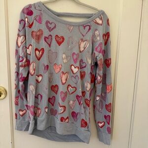 CHASER Gray Pink Red Painted Hearts Strappy Drape Back Sweatshirt